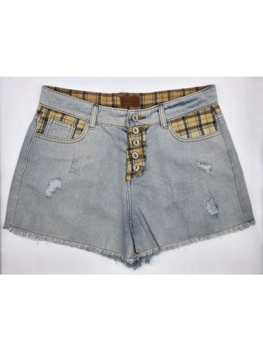POL Womens Jean Shorts Size Large Patchwork Cut Off Button Fly Distressed Denim